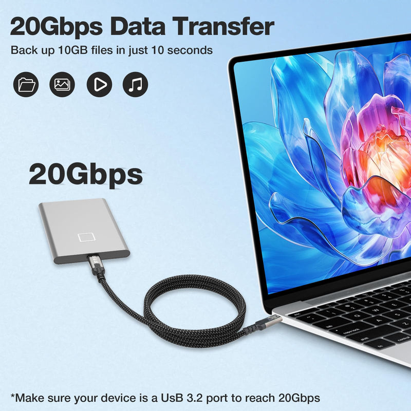 (2-Pack USB c to USB c Cable 10ft,USB C 3.2 20Gbps Data Transfer,Supports 8K@30Hz,4K@60Hz/144Hz Video,240W 48V/5A,USBC Display Cable for Thunderbolt 4,MacBook Pro, Switch iPhone 16 10FT+10FT