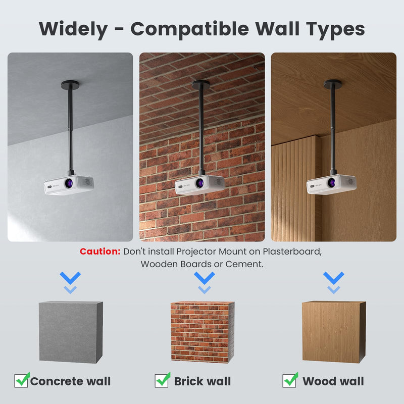 Projector Ceiling Mount with New Gimbal, 15.75" - 23.62" Adjustable Length, ¼-Inch Screw, Compatible with TMY, HAPPRUN, Yaber, Epson & Most Projectors, Ceiling/Wall Use with Adjustable Angle