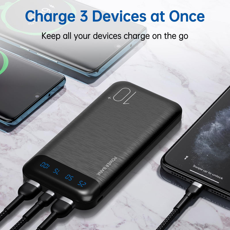 Power Bank 10000mAh Portable Charger Slim External Battery Pack with 2 USB 2.4A Outputs and USB C In/Out Compatible with Huawei iPhone 16 15 14 13 12 iPad Samsung Galaxy S20 Android Tablet (Black) Black