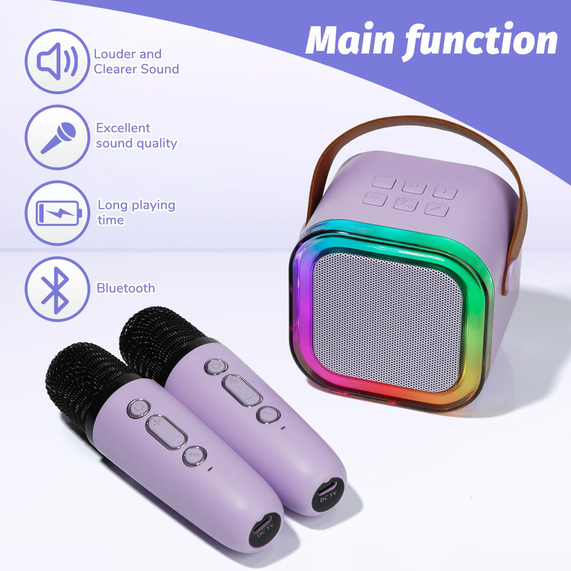 [AUSTRALIA] - Karaoke Machine for Kids, Mini Karaoke Speaker with 2 Wireless Microphones,Voice Effects,LED Lights, Portable Singing Machine for Girl, Ages 3,4,5,6,7,8,9,10,11,12+ Years Old Birthday Gift(Purple) Purple 
