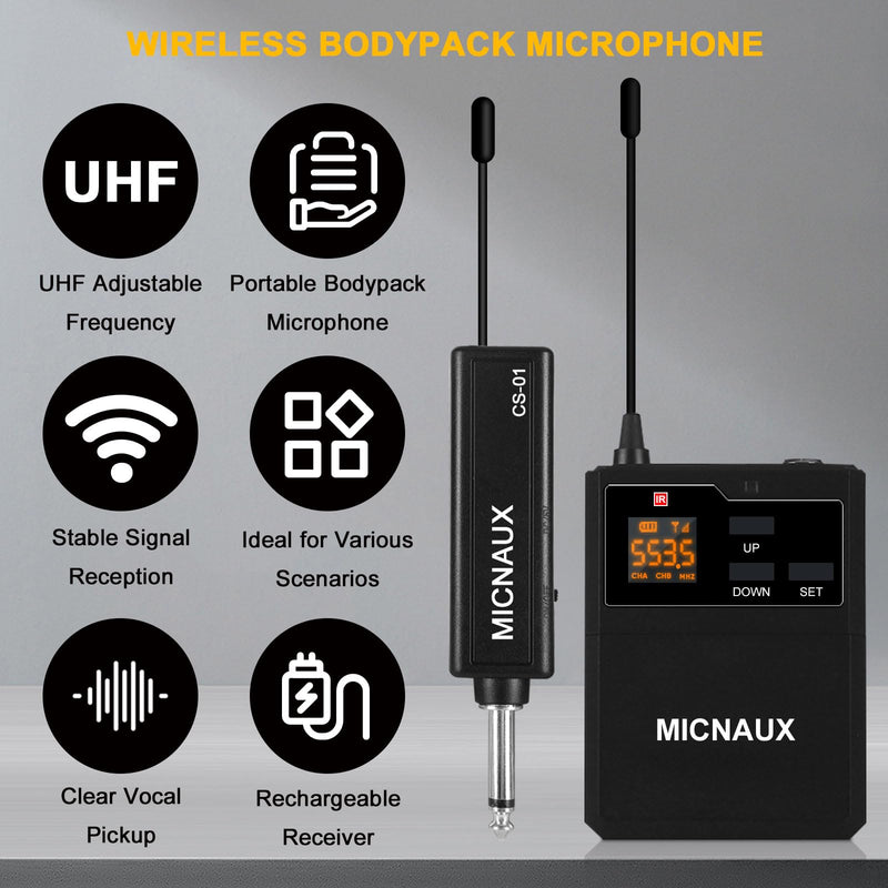 Wireless Lapel Microphone System with Headset & Lavalier Mics, UHF Bodypack Transmitters, Mini Rechargeable Receiver, 48 Channels in 500MHz, 260ft Range, Plug & Play for Wedding Speech Church BXMIC01