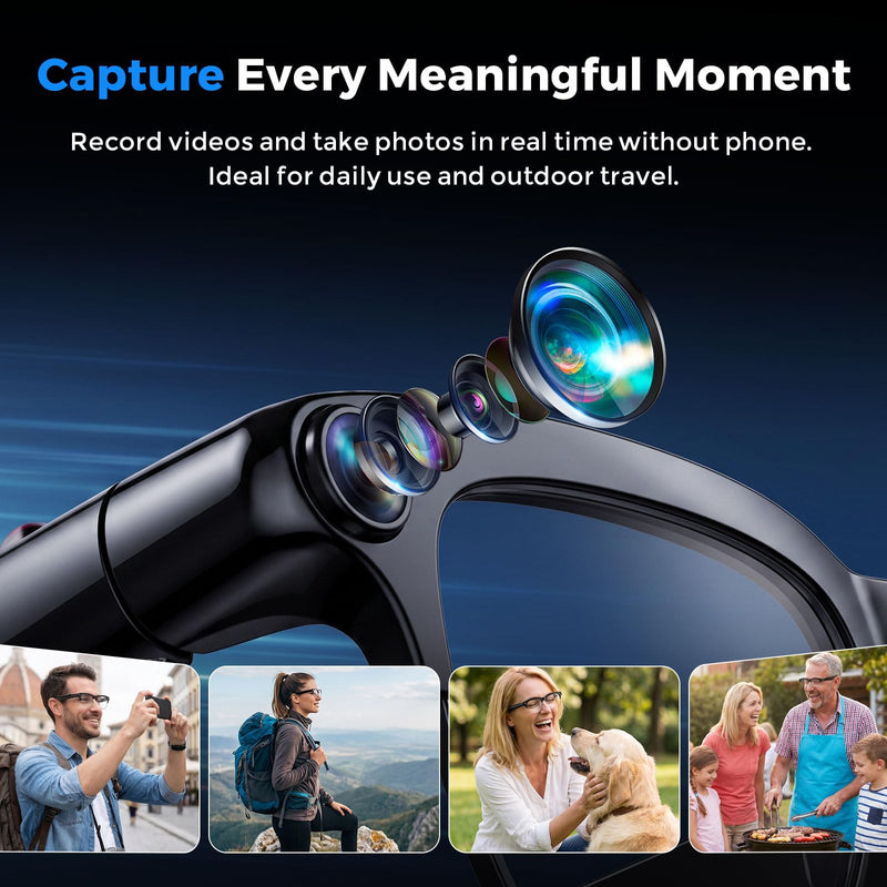 AI Smart Glasses with Camera and Bluetooth, 4K Recording Glasses Video and Audio, 8MP Smart Sunglasses with 3 Lenses, Real-Time Translation, AI Assistant, Open-Ear Music, Object Recognition Black