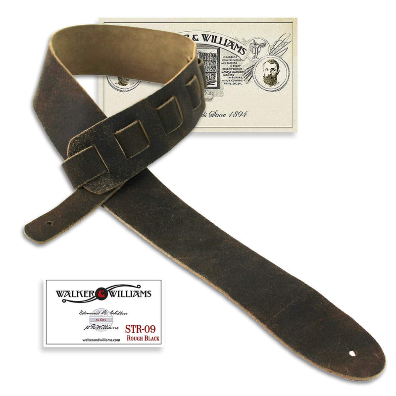 [AUSTRALIA] - Walker And Williams STR-09 Distressed "Weathered" Black Olive Top Grain Premium Italian Leather Guitar Strap For Acoustic, Electric, And Bass Guitars 