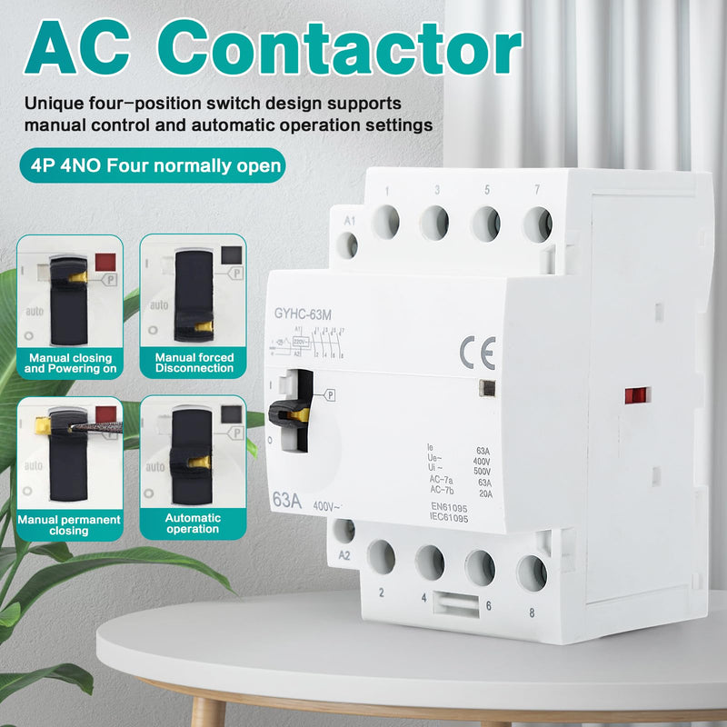 Ailao Contactor 400 V 3 Phase 4 Wire AC Contactor AC Household Contactor 4P 63A 4NO Ultra Quiet and Highly Efficient Flame Retardant DIN Rail Manual Automatic Model