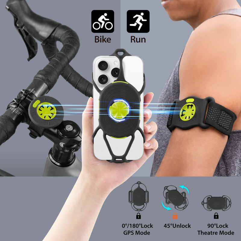 Bone Run + Bike Tie Connect Kit 2 - Magnetic, Running & Bike Phone Holders | Magnet Clasp, Quick Release & Rotatable, Comfortable Sport Armbands, Scratch-Free Bike Phone Mount, Fits 4.7" to 7.2" Phones
