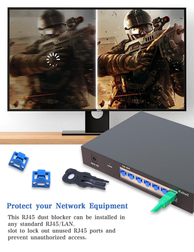 100Pcs RJ45 Port Lock with 10 Keys, ZoeRax Locking RJ45 Port/Dust Blocker, RJ45 Dust Cover Cap Female Port Plugs Protector (Blue) 100 Pack Blue