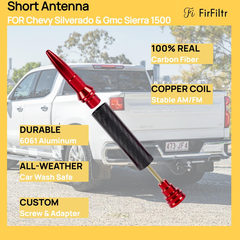 Carbon Fiber Truck Antenna for Chevy Silverado 1500 2500 3500 & GMC Sierra 1999-2025 2026,Chevy Silverado Antenna Truck Accessories,Short Car Video Antennas (5.5''-Red Carbon Fiber 50 Cal Bullet) Red 5.5 inch