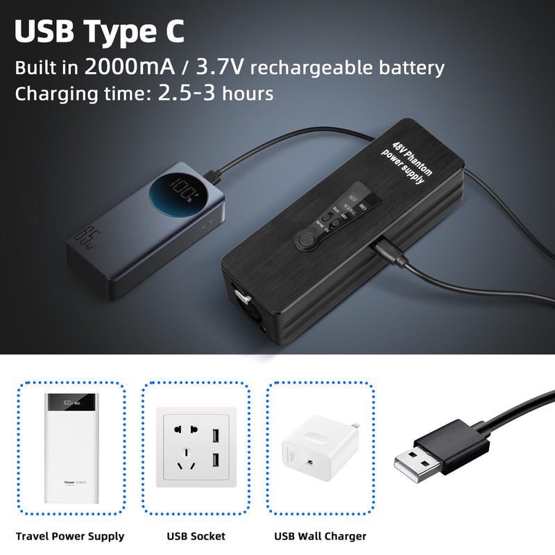 Depusheng Phantom Power Supply 48V/12V Switch, Rechargeable Portable Phantom Power for Condenser/Interview Shotgun Microphone, Audio Interface, Recording Studios, Up to 40h Working Time