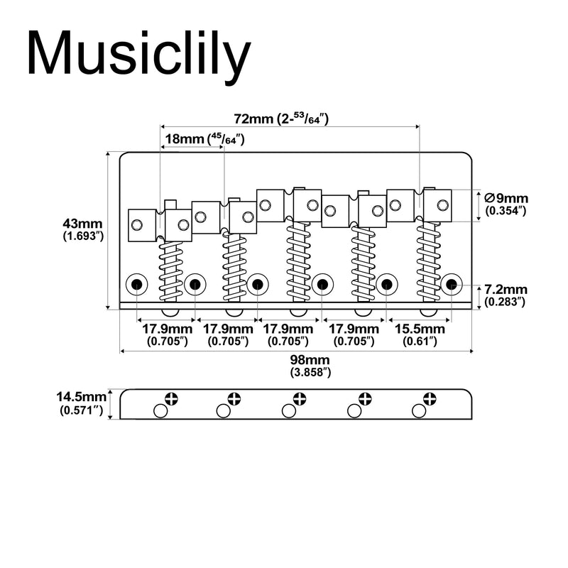 Musiclily Pro 18mm String Spacing Classic Standard Top-loading 5-String Bass Bridge with Brass Saddle Steel Plate, Gold