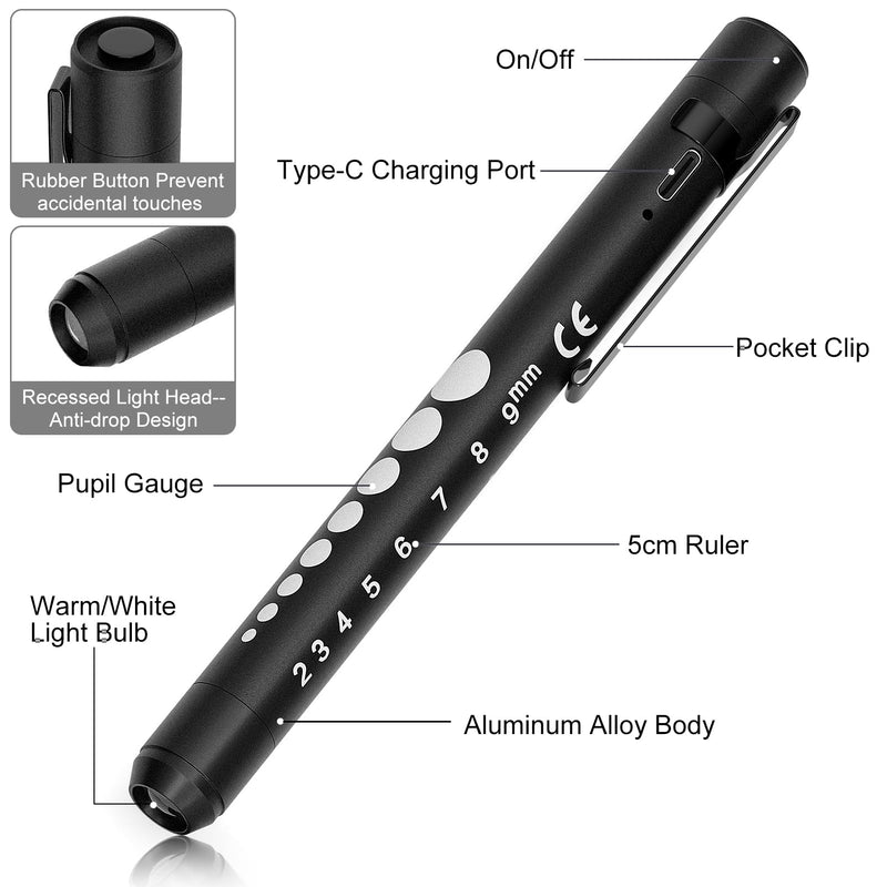 RISEMART Pupil Light Diagnostic Light with Pupil Meter and Ruler, Warm/Cool White, Rechargeable USB LED Pen Lamp for Nurses, Students, Doctors (Black) black