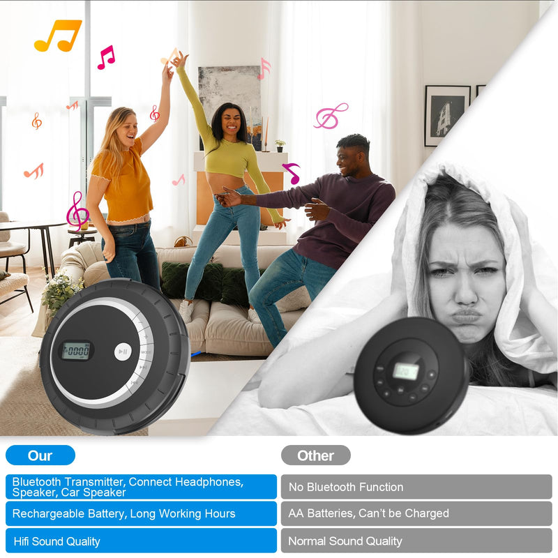 Portable Bluetooth CD Player - Bluetooth CD Player for Car with Anti-Skip Protection, Small Rechargeable CD Player for Home, Walkman CD Player Portable with Headphones with HiFi Stereo Sound Black