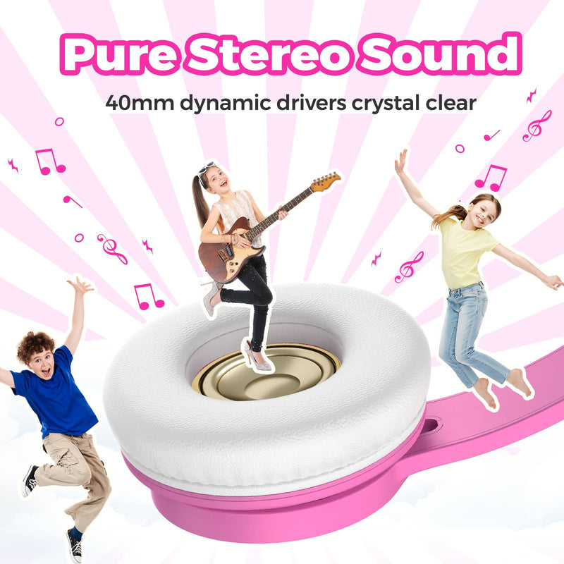 [AUSTRALIA] - TuneFlux Upgraded Kids Headphones, Wired Toddler Headphones, 85dB Limited Volume On Ear Headphones, Portable Foldable Design, Stereo Sound Kids Headphones for School/Tablet/Travel-Pink Pink 