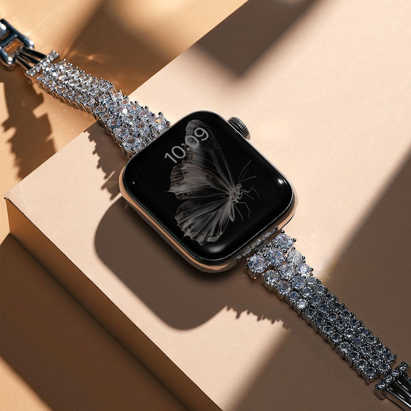 Zircon Gems Bling Strap Compatible for Apple Watch Bands Women, Premium Bronze Metal Watch Bands Compatible with iWatch Series 9 8 7 6 5 4 3 2 1 SE 38mm 40mm 41mm 42mm 44mm 45mm (Diamond/Silver, 42mm(Series 10)/41mm/40mm/38mm) Diamond/Silver