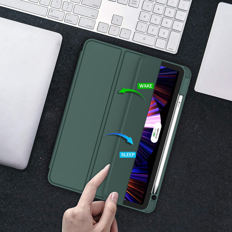 ZryXal New iPad Pro 11 Inch Case 2022(4th Gen)/2021(3rd Gen)/2020(2nd Gen) with Pencil Holder, Smart iPad Case [Support Touch ID and Auto Wake/Sleep] with Auto 2nd Gen Pencil Charging (Midnight Green) Midnight Green