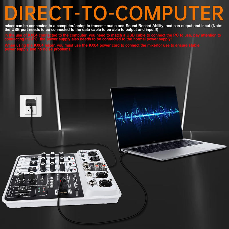 [AUSTRALIA] - Professional DJ audio mixer, 4-channel DJ mixer, Bluetooth sound mixer, supports USB/MP3/BT computer input, 48V phantom power stereo studio audio mixer suitable for DJ studio streaming recording KX04 