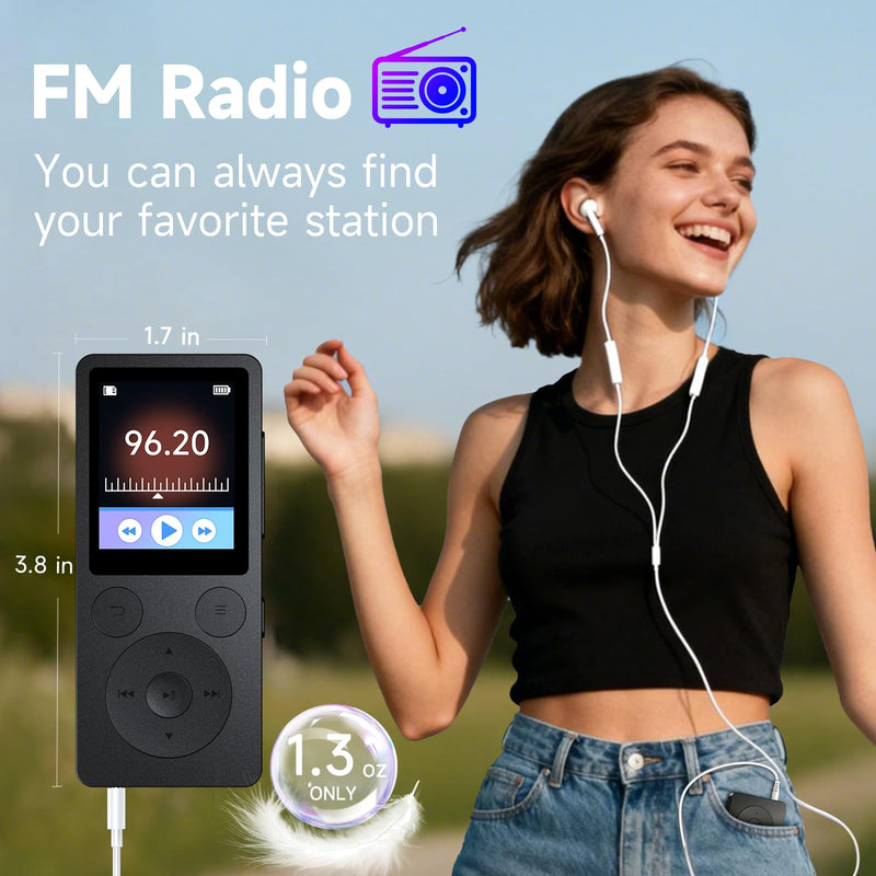 [AUSTRALIA] - 64GB MP3 Player with Bluetooth 5.3 Auto Reconnect, MP3 Music Player with Speaker, 1.8" Screen & Physical Buttons, Voice Recorder, FM Radio, 40H Battery Life, No WiFi, Support 128GB microSD Card Black 