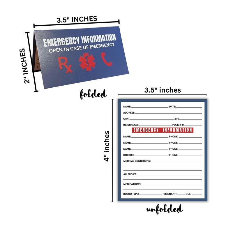 Emergency Info ICE Folded Wallet Card | 10 pk 2x3.5” Blue Medications, Blood Type Identification Card Contacts, Doctor, Allergies in Case of Emergency Bulk Medical ID
