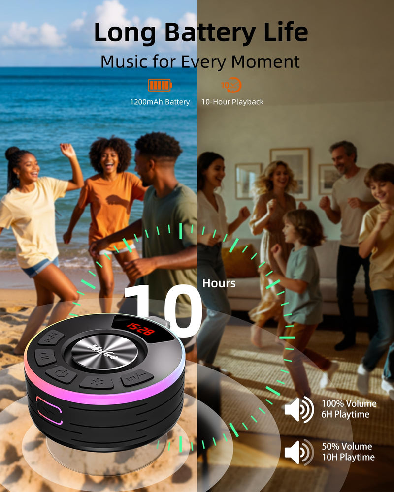 [AUSTRALIA] - MuGo Shower Bluetooth Speaker Waterproof IPX7, 360° HD Stereo Sound Bathroom Speaker Bluetooth 5.3 with RGB Lights, Suction Cup and Microphone, Mini Shower Radio for Home/Party/Outdoor Blue 