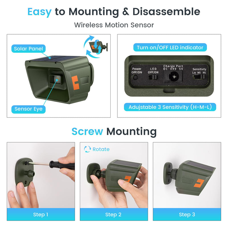 [AUSTRALIA] - Solar Driveway Alarm Wireless Outdoor 1/2 Mile Range - Customizable Alarm Tones Weatherproof for Driveway Gate, 3 Sensitivity Motion Sensor & Detector Alert for Outdoor/Indoor Property 1 Receiver & 2 Sensors 