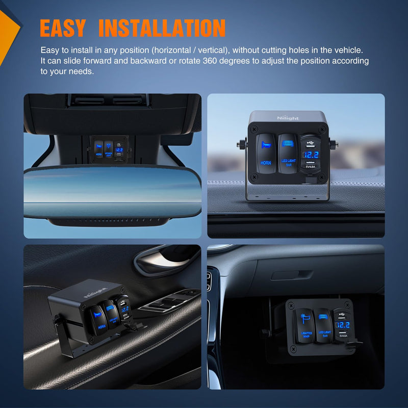 [AUSTRALIA] - Nilight 3 Gang Rocker Switch Box 3 Holes Panel Detachable Installation Housing Waterproof Aluminum Rotatable Mount Bracket 12V 24V DIY Toggle Switches Voltmeter USB Socket for Boats Cars RVs Trucks Black-Switch Box Only 