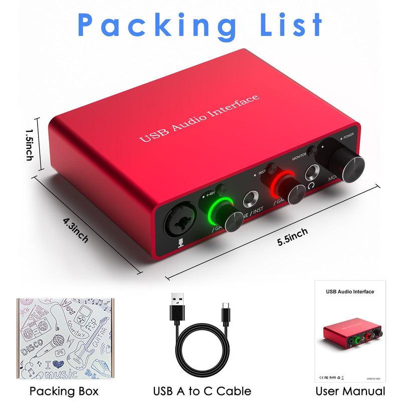 24Bit/192kHz USB Audio Interface with 48V Phantom Power - Studio Quality Recording for Musicians, Vocalists & Podcasters | Plug & Play | Works with Mac/PC & DAWs | Perfect for Home Studio & Streaming OT-AR001B-UG