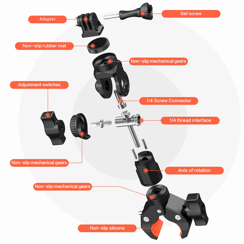 [AUSTRALIA] - Bike Motorcycle Handlebar Holder Action Camera Mount for Gopro 12/11/10/9/8/7/6/5/4 Insta360 X3/X4, Super Clamp Camera Mount Magic Arm Bracket with 1/4" Thread for DSLR/Lights/Monitor Pole Tube Mount Super Clamp Mount 