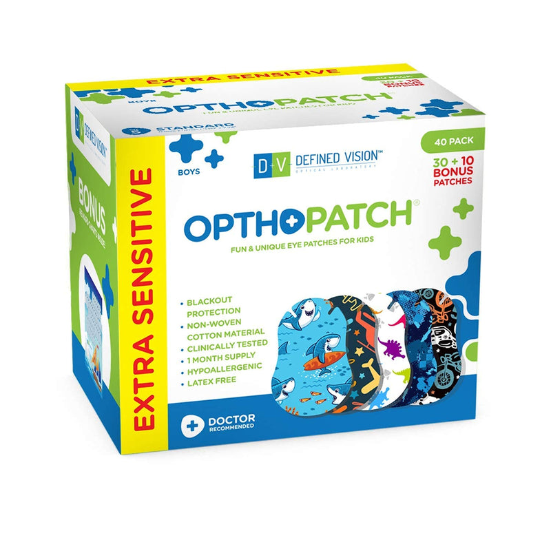 [AUSTRALIA] - OPTHOPATCH Kids Eye Patches - Fun Boys Design - 30 + 10 Bonus Latex Free Hypoallergenic Cotton Extra Sensitive Adhesive Bandages for Amblyopia & Cross Eye-3 Reward Chart Posters by Defined Vision 