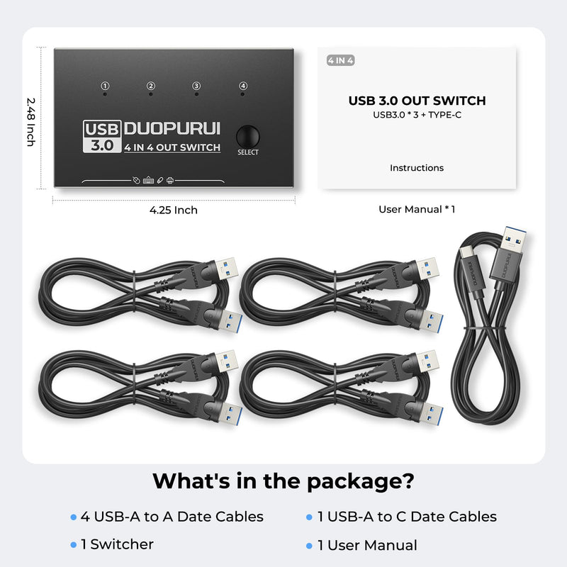 USB 3.0 Switch 4 Computers Sharing USB C & A Devices,Easy One-Click Device Switching with USB-C Cable & USB-A Cable,USB Switch Hub Share Keyboard Mouse Printer Scanner(USB3.0 4in4out) USB SWITCH 4 IN 4 OUT