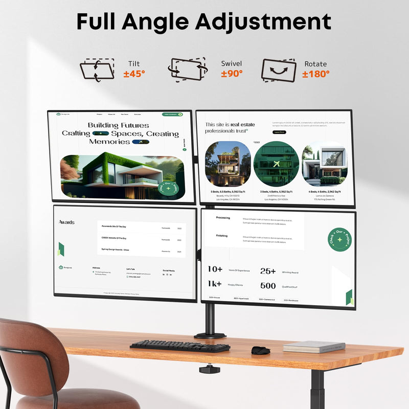 PUTORSEN Quad Monitor Desk Mount, 4 Screens, 17-32", 19.8 lbs Each | Fully Adjustable Stacked Mount with Heavy-Duty Arms, Tilt & Swivel, VESA 75/100, C-Clamp & Grommet Base, Black