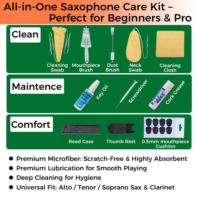 [AUSTRALIA] - Saxophone Cleaning Kit for Alto Tenor Sax - 11-in-1 Smooth Pull-Through Maintenance Set with Mouthpiece Brush, Key Oil, Cork Grease and Case - Woodwind Instrument Care for Students 