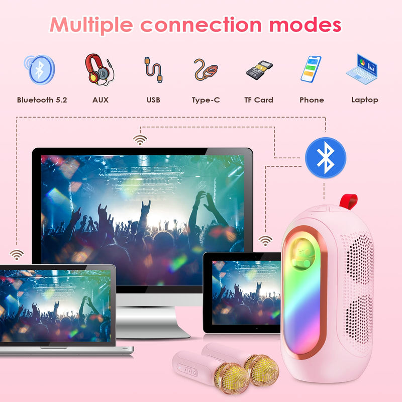 Mini Karaoke Machine for Kids & Adults with 2 Wireless Microphones Portable Karaoke Machine 2x5W Bluetooth Speaker Birthday Gift Toys Gifts for Kids Family Home Outdoor Party Pink