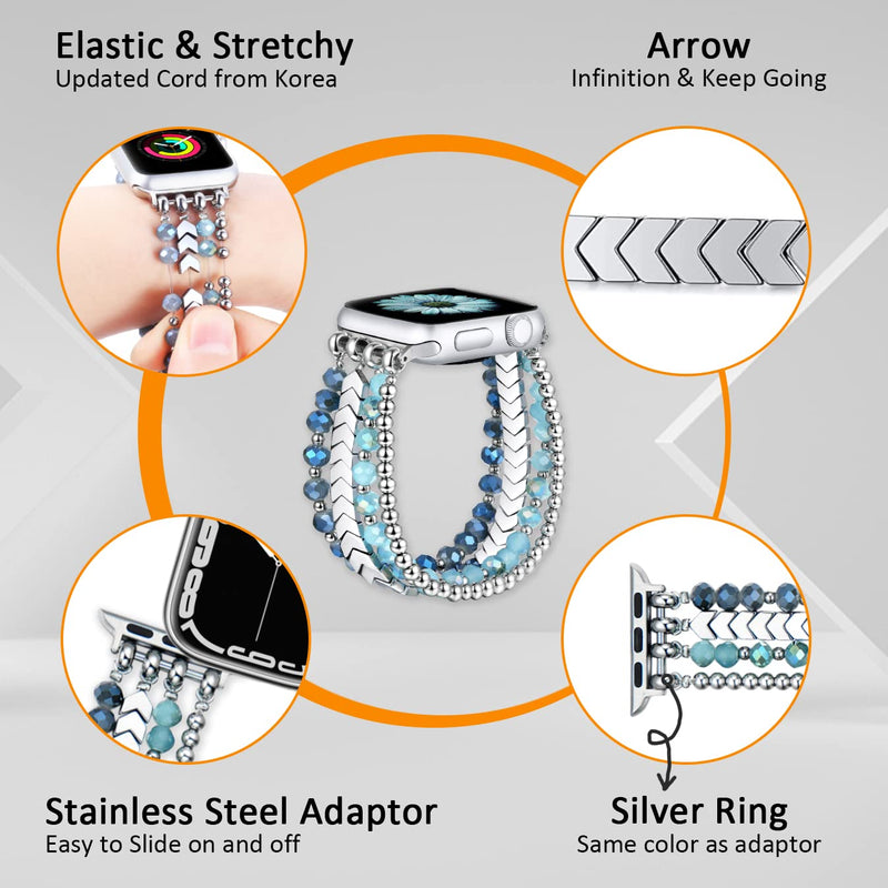 fastgo Compatible with Apple watch band bracelet for women, for Iwatch 38mm 40mm 41mm, Bling Metal Elastic beaded Strap Series 8 7 6 5 4 3 2 1 Ultra