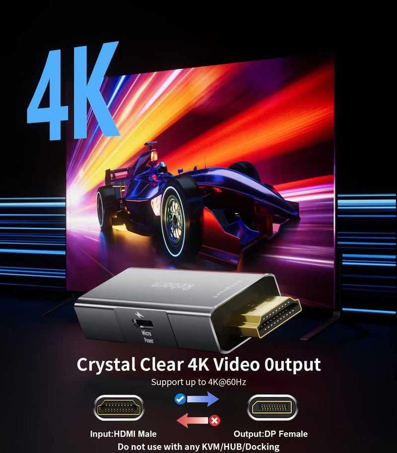 Reborn HDMI to DisplayPort Adapter | 4K@60Hz HDMI (Source) 2.0 Male to DP (Display) 1.2 Female Converter [1 Pack] HDMI to Display Port Adapter Compatible with Laptop,AMD,NVIDIA,PS5,Xbox and More