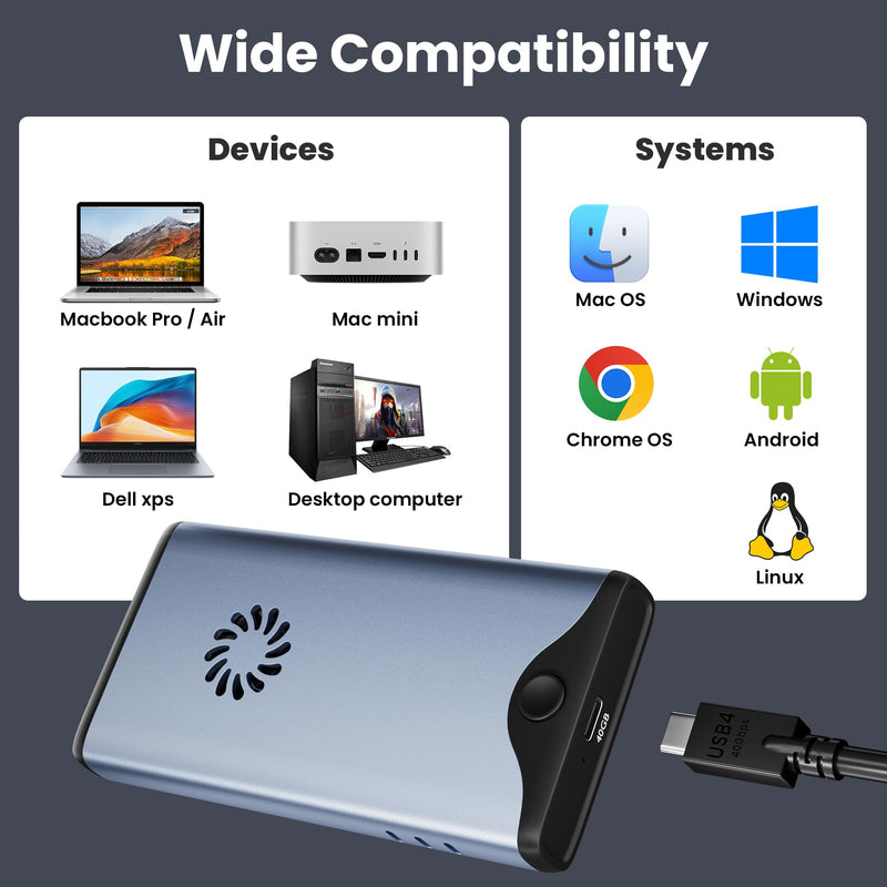 40Gbps M.2 NVMe SSD Enclosure with Cooling Fan, M.2 Enclosure Support M/B+M Key Size 2280/2260/2242/2230 Compatible with Thunderbolt 4/3, USB4/USB3.2/3.1/3.0/2.0, Tool-Free Thunderbolt 4 Enclosure