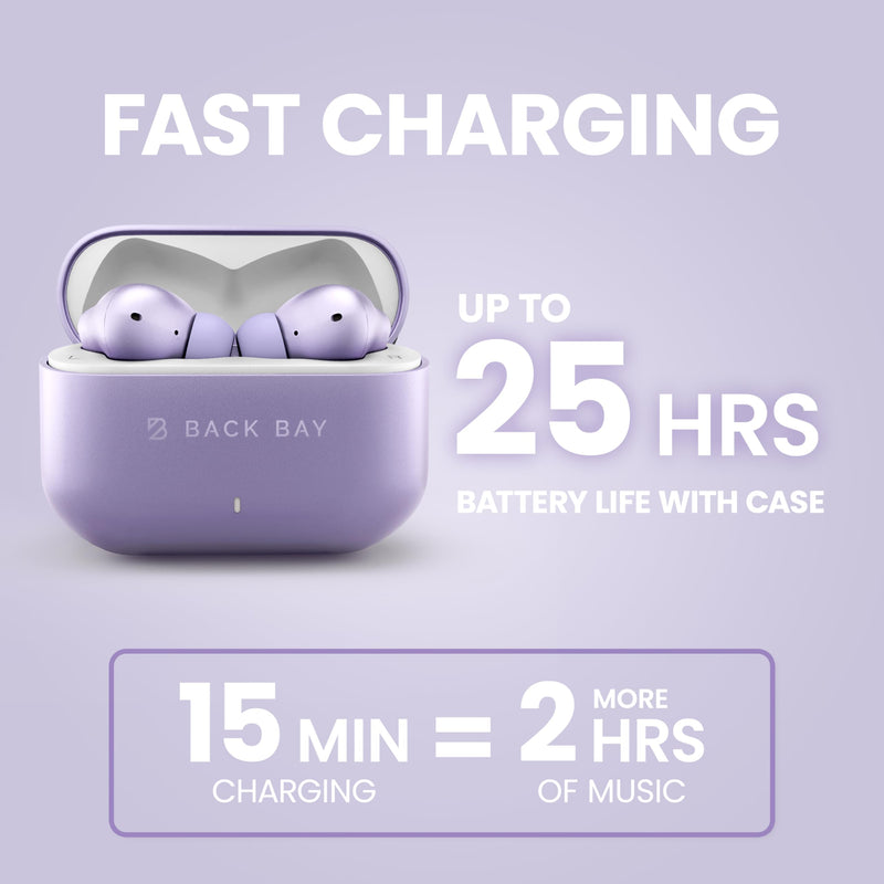 Back Bay Audio True Wireless Earbuds Noise Cancelling Earbuds, Premium ANC | Deep Noise Cancelling Earpods, Bluetooth 5.4 Ear Buds, iPhone and Android Active Earphones with ANC Sound Blocking Lavender