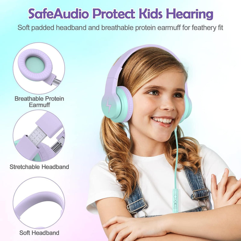 Kids Headphones, Wired Headphones for Kids Over Ear with Microphone, 85/94dB Volume Limiter Headphones for Girls Boys with Sharing Jack, Foldable Headphones for Online Study,Gradient Purple Light Purple