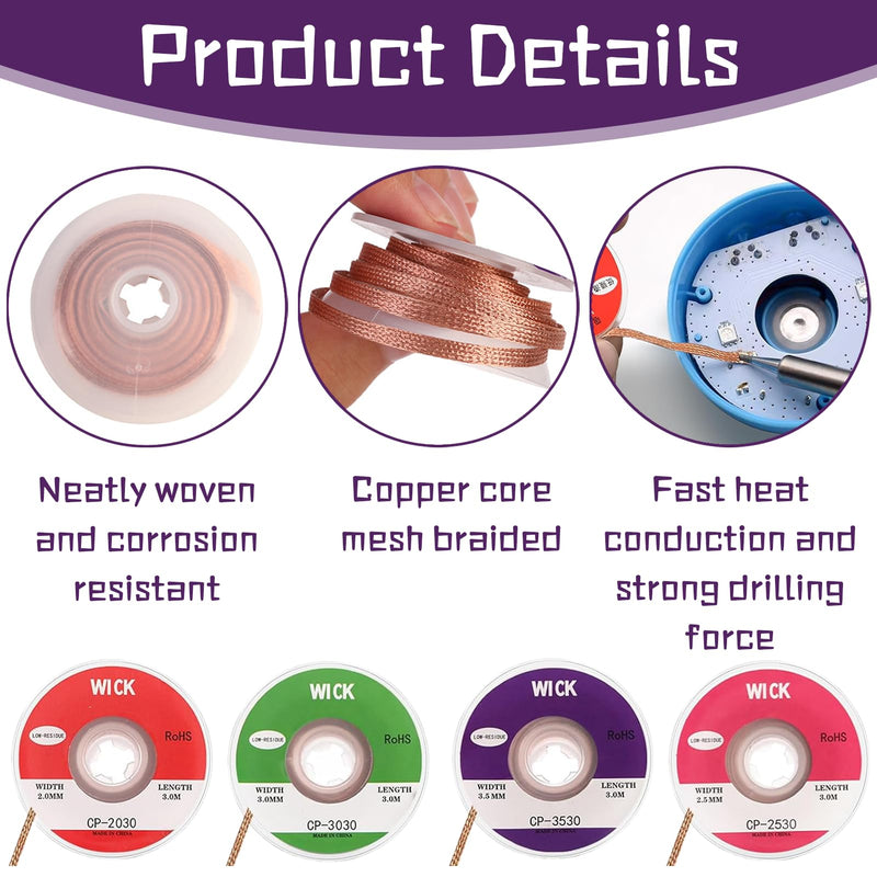 Desoldering Braid, Desoldering Braid Set, Copper Desoldering Wire, High Thermal Conductivity, Soldering Braid, 2 mm, 2.5 mm, 3 mm, 3.5 mm, for Desoldering and Removing Solder at Soldering Points