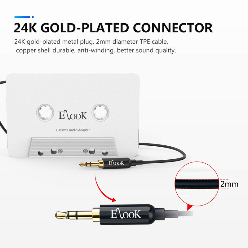 [AUSTRALIA] - Elook Car Cassette Aux Adapter, 3.5mm Universal Audio Cable Tape Adapter for Car, Phone, MP3 ect. White 