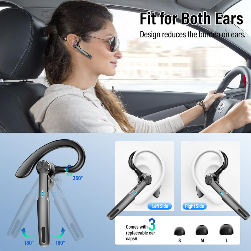Bluetooth Headset, 2026 Wireless Bluetooth 5.3 Earpiece, 60 Hours Single-Ear Headset with Mute Button, Dual Noise Cancelling Mics, IP7 Waterproof Hands Free Headphone for Trucker, Business, Black