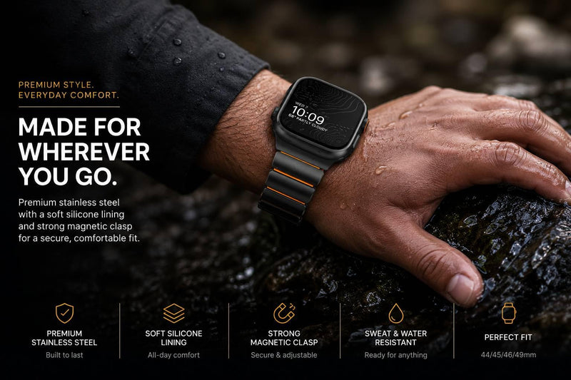 Magnetic Stainless Steel Band for Apple Watch, Black/Orange | Ultra 49mm, Series 10 46mm, Series 9/8/7 45mm, Series 6/SE/5/4 44mm, Dual-Layer Silicone Metal Strap, Secure Magnetic Clasp