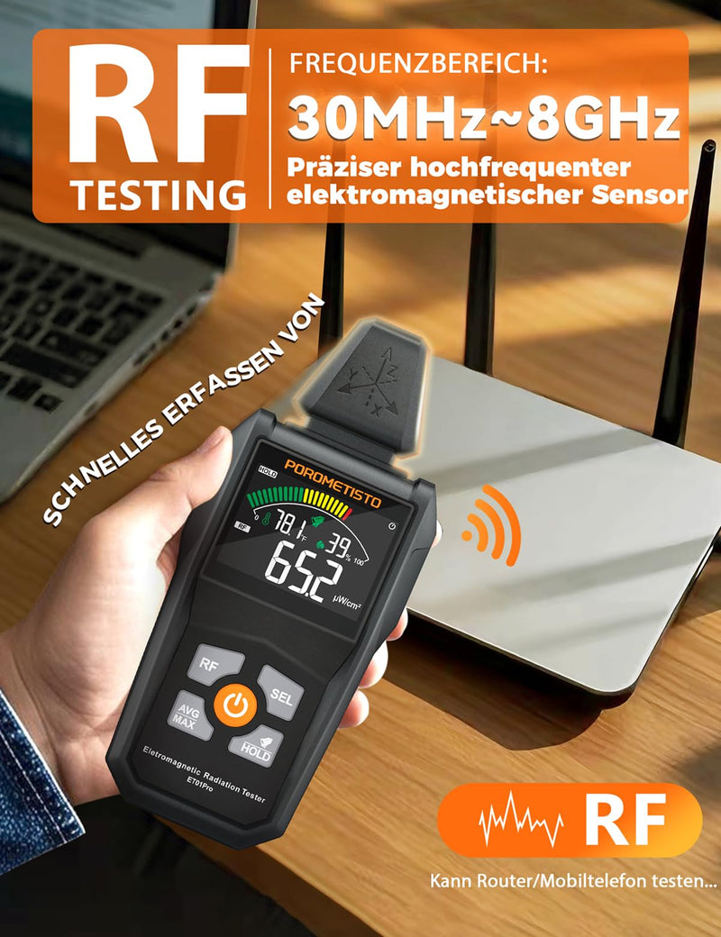 5-in-1 EMF Meter ET01PRO, Simultaneous Display of EF/MF/RF/TEM/HUM, Electrosmog Meter with Maximum, Minimum Value Display and Data Storage, Suitable for Office, Home and Ghost Hunting
