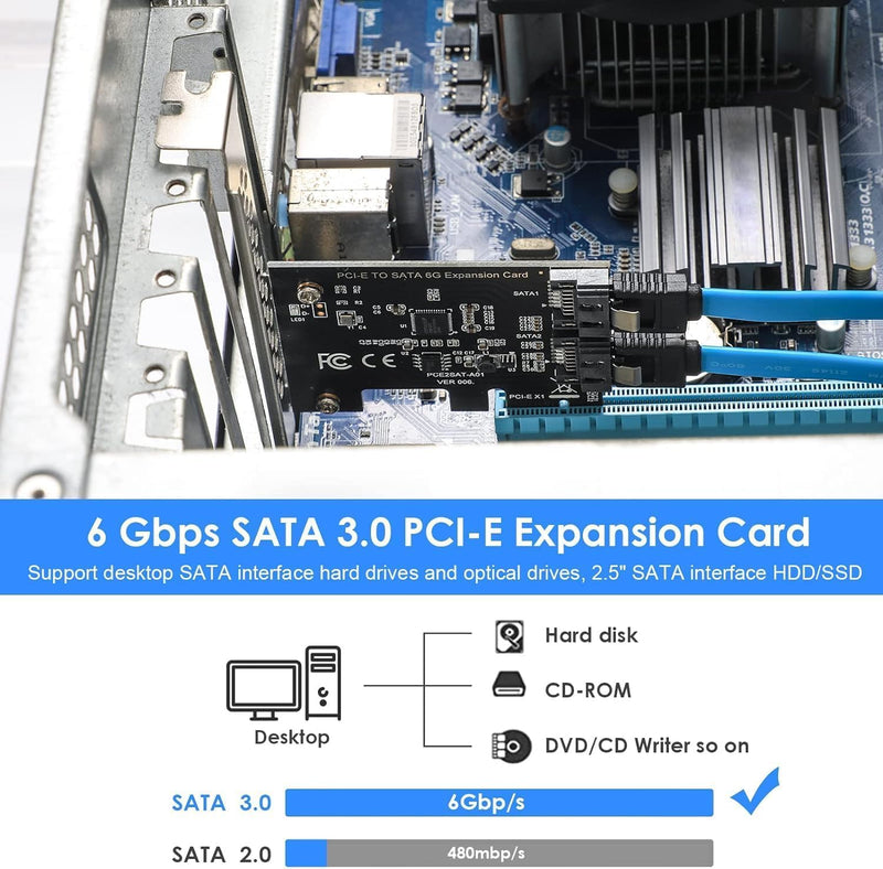 2-port SATA III 6Gbps Expansion Card, SATA Controller Card for PCI-Express Slot 1x 4X 8X 16x, Supports Windows Systems, Ubuntu, Vista