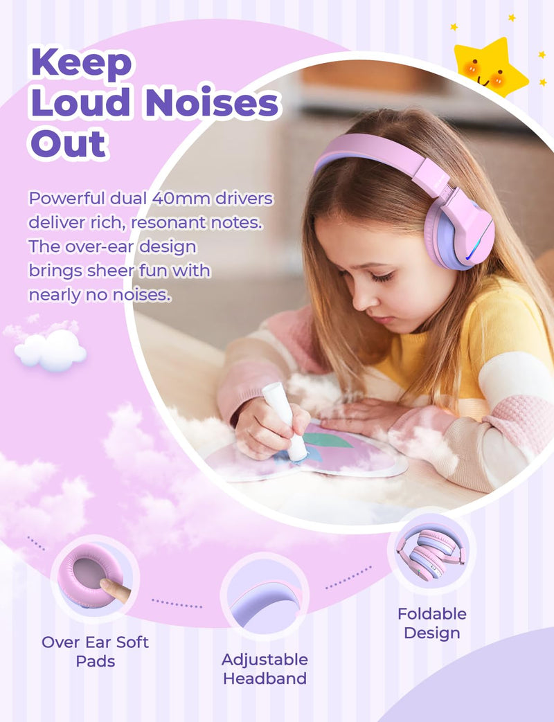 iClever BTH12 Kids Bluetooth Headphones 85H Playtime with LED Lights Travel | SafeSound Tech, Stereo Sound, USB C Charging AUX Cable Over Ear Built-in Mic, Kids Wireless Headphones for Toddler Boys Girls Pink&Black