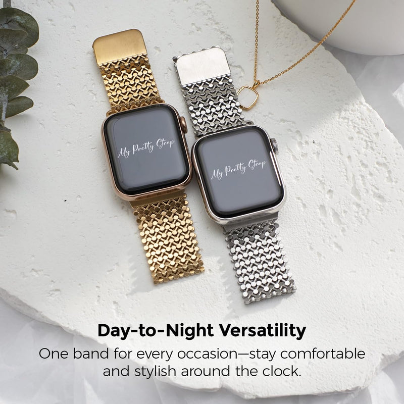 Compatible Apple Watch Band for Women, Stainless Steel- Fits Most Wrists | Series 1-11, SE and Ultra- iWatch Replacement Strap, Easy Resizing- No Tool Needed- Metal Fashion Watch Band JASMINE GOLD 44MM / 45MM / 46MM / 49MM / (Series 1-3 - 42MM)