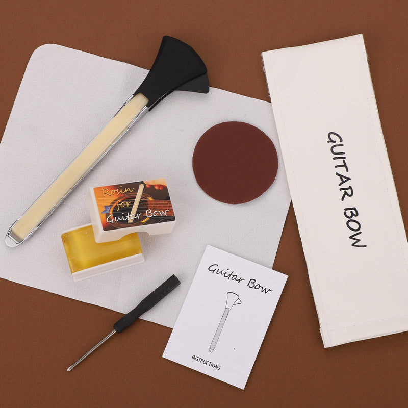 Guitar Bow Kit, 2-in-1 Horsehair Aluminum Alloy Guitar Bow Pick with Rosin Sandpaper Cloth Fun Acoustic Instrument Playing Tools Create Violin & Cello Sounds Creative Gift for Music Lover