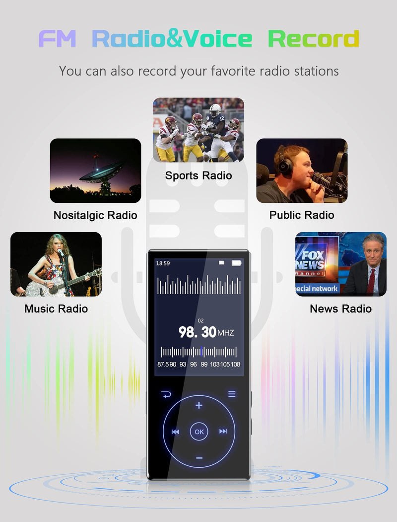 [AUSTRALIA] - 96GB MP3 Player with Bluetooth 5.0: Portable Lossless Sound Music Player with HD Speaker,2.4" Screen Voice Recorder,FM Radio,Touch Buttons,Support up to 64GB for Sport(Earphones&64GB TF Card Included) 