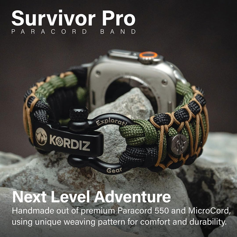 KORDIZ Survivor Pro - Nylon Paracord band for Apple Watch ULTRA 3, ULTRA 2/1 [49mm] & Series 11, 10, 9, 8, 7-1, SE3, SE2, SE [46mm 45mm 44mm 42mm] - with Stainless Steel Adjustable Shackle Black/Green & Micro Coyote Ultra Silver | Size M