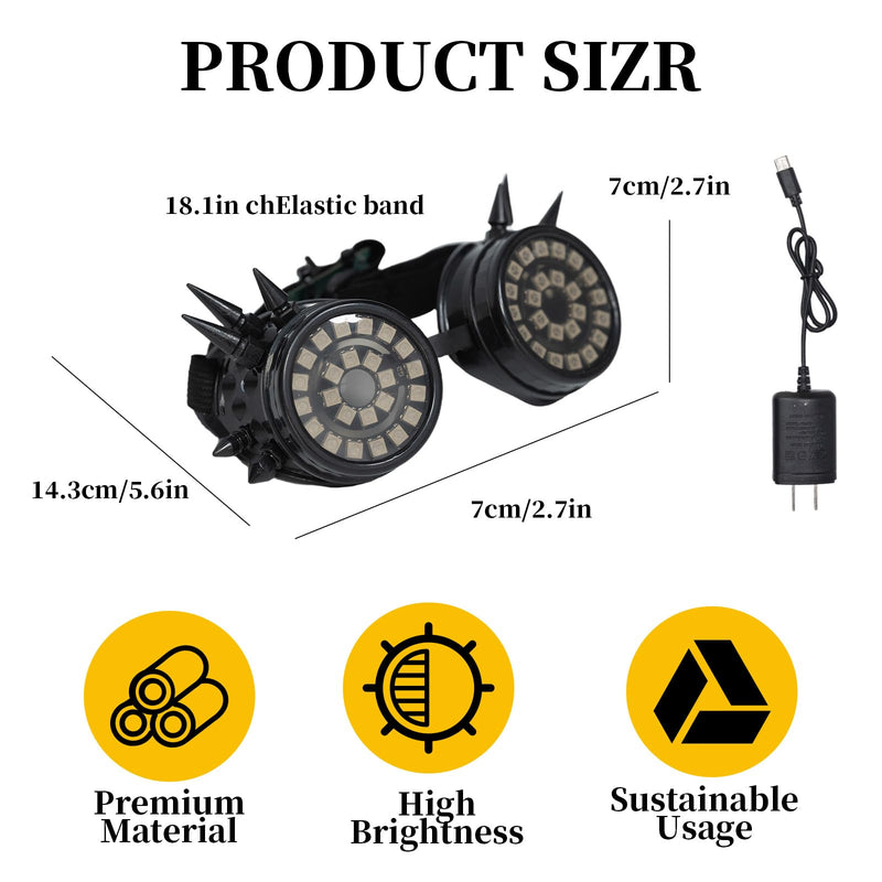 RGB LED Spiked Cyberpunk Goggles, Futuristic Punk Rave Glasses, Luminous Cosplay Eyewear for Party, Festival, DJ Club and Halloween