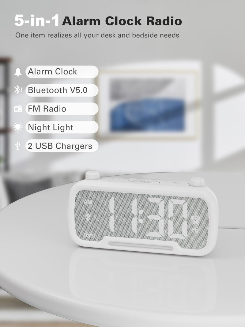 Alarm Clock with Bluetooth Speaker, FM Radio,Bedside Alarm Clock with 2 USB Chargers,Adjustable Dimmer and Volume,12/24H,Snooze,Battery Backup,Plugged in Clock Radio for Adult Kid Heavy Sleeper White