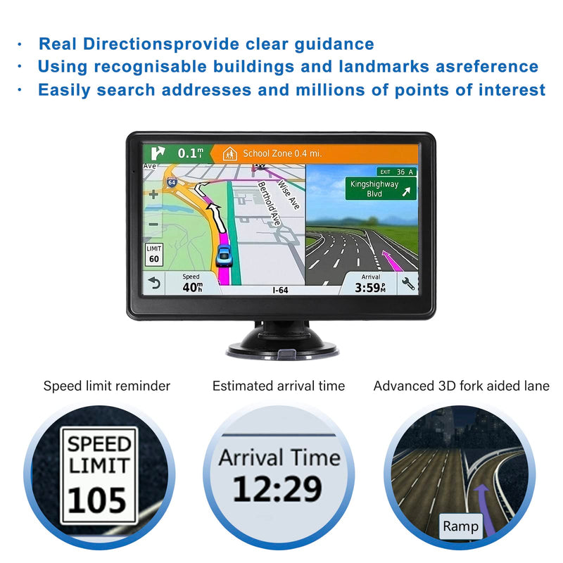 7" Car GPS,2026 NA Lifetime Free Map,256MB+16GB Voice Speed Red Light Alert | 3D Nav Maps, Multi-Language Voice Broadcast, Data-Free Offline Nav, Truck Restriction Alert, Sensitive Capacitive Touchscreen